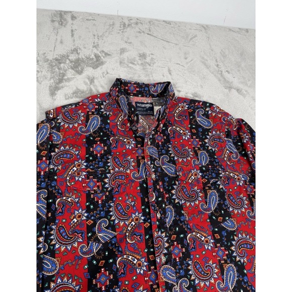 Vintage Wrangler Brushpopper Shirt Mens Large L Red Blue Paisley Button Western - Picture 2 of 6